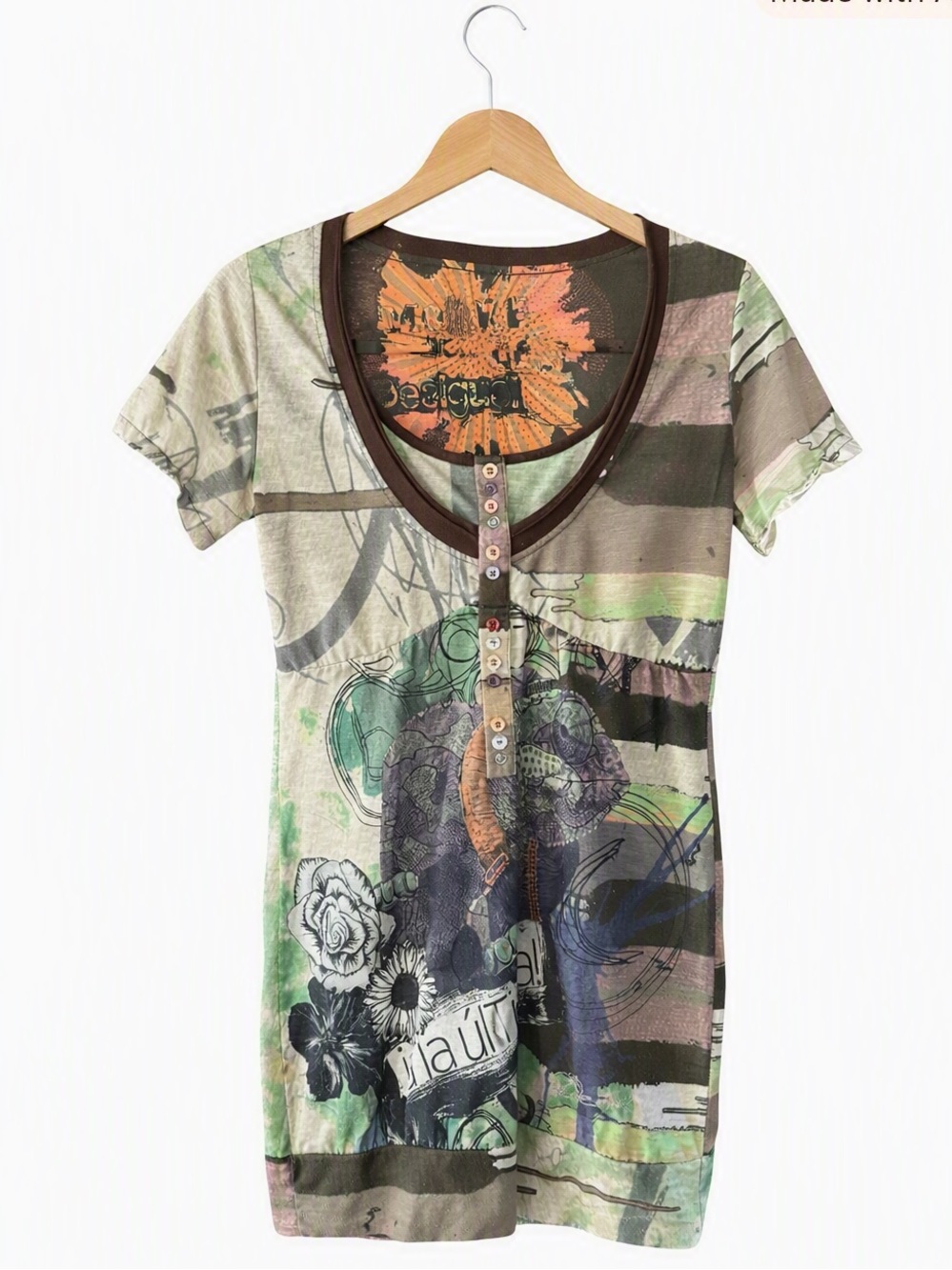 5/$50 Desigual Multicolor Graphic Short Sleeve Henley T-Shirt Dress